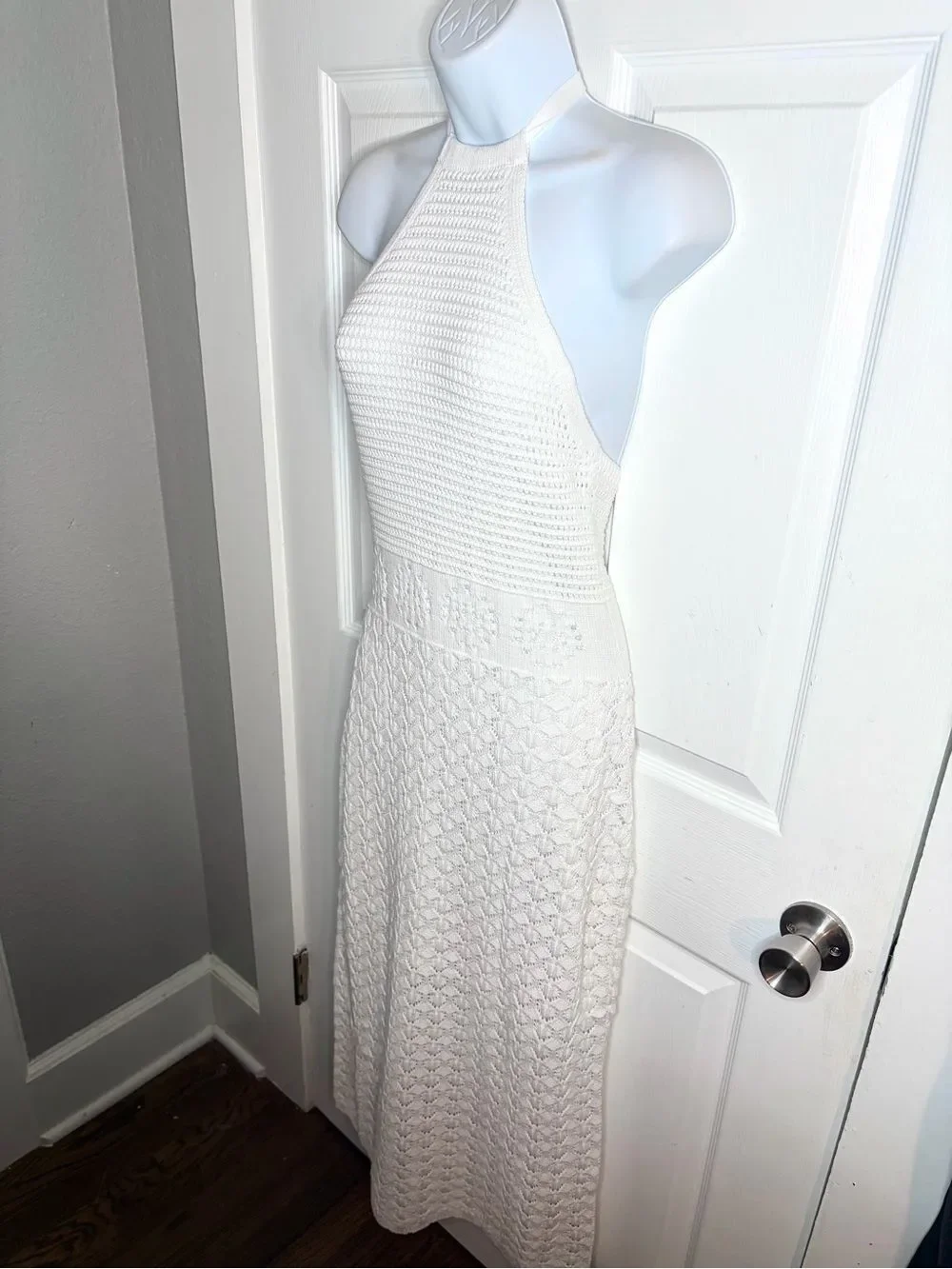 Frye Textured Knit Bright White Crochet Halter Midi Dress Sweater Dress M NWT